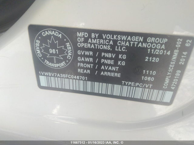 1VWBV7A35FC046701 Volkswagen PASSAT SE