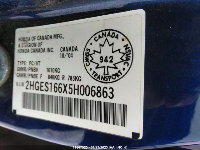 Honda Civic 2005 2HGES166X5H006863 Image 11
