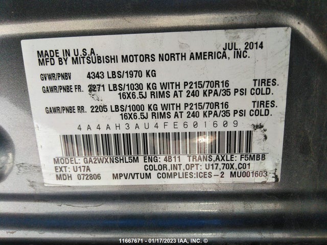 4A4AH3AU4FE601609 Mitsubishi Rvr Se/es