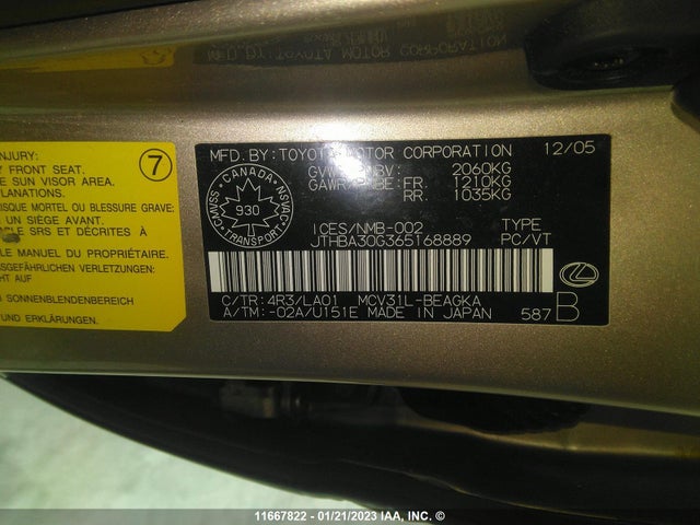 JTHBA30G365168889 Lexus ES 330