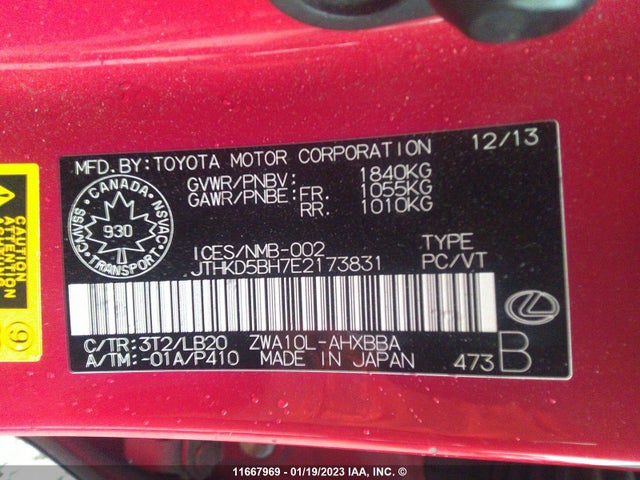 JTHKD5BH7E2173831 Lexus CT 200