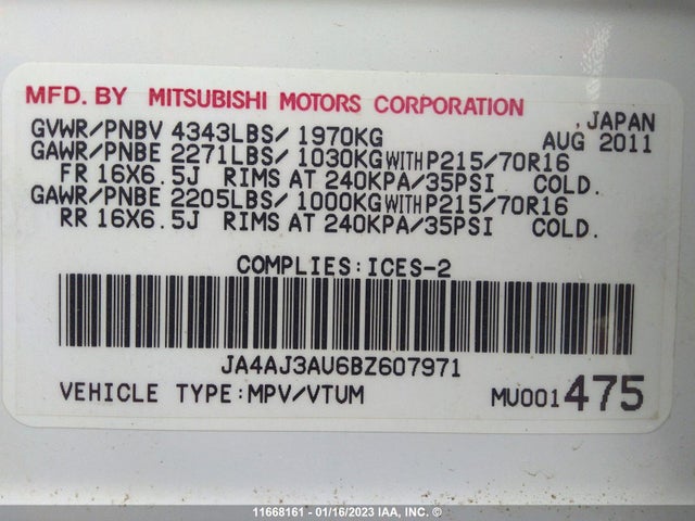 JA4AJ3AU6BZ607971 Mitsubishi RVR SE