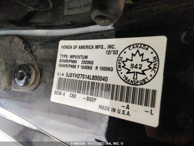 Honda ELEMENT EX 2004 5J6YH27514L800040 Image 10