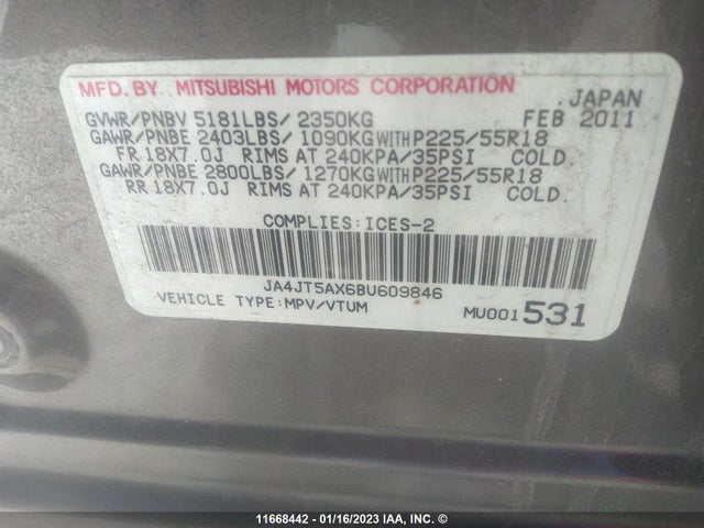 JA4JT5AX6BU609846 Mitsubishi OUTLANDER GT