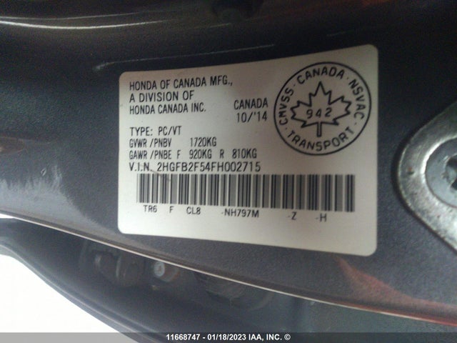 Aukcja sprzedaży 2015 Honda Civic, vin: 2HGFB2F54FH002715, numer aukcji: 11668747