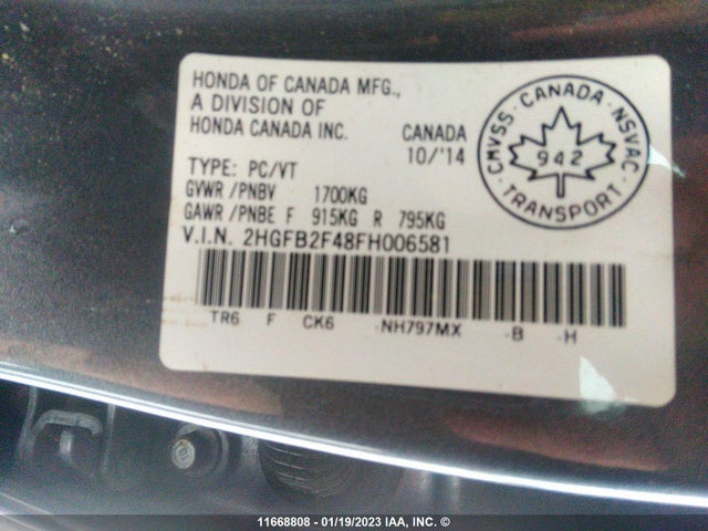 Honda Civic Lx 2015 2HGFB2F48FH006581 Image 10