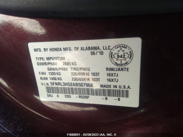 Honda ODYSSEY EX 2010 5FNRL3H52AB507968 Image 10