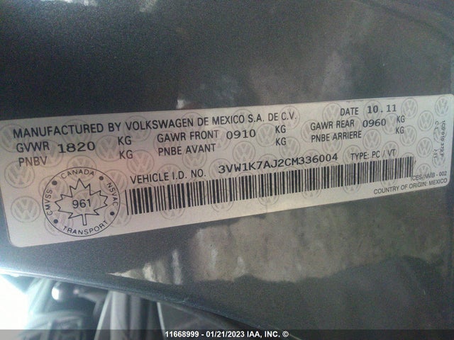 Volkswagen JETTA S 2012 3VW1K7AJ2CM336004 Image 10