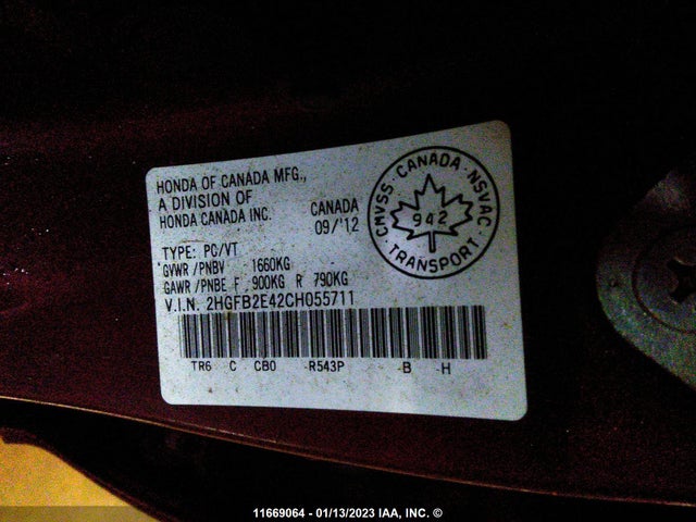 Honda Civic Lx 2012 2HGFB2E42CH055711 Image 9