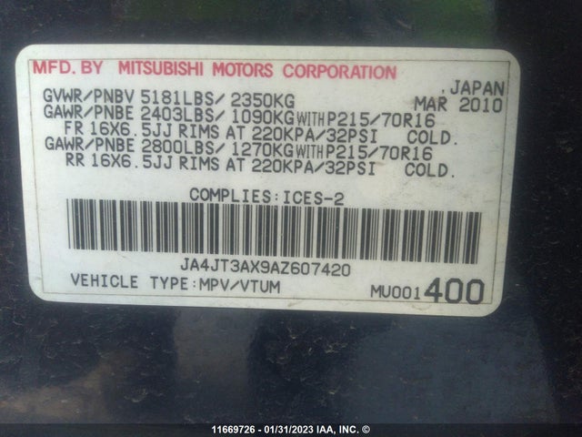 JA4JT3AX9AZ607420 Mitsubishi Outlander Xls