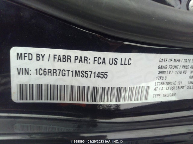 2021 Ram 1500 Classic Slt მანქანა იყიდება აუქციონზე, vin: 1C6RR7GT1MS571455, აუქციონის ნომერი: 11669890