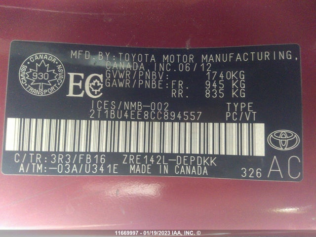 Toyota Corolla S/le 2012 2T1BU4EE8CC894557 Image 10