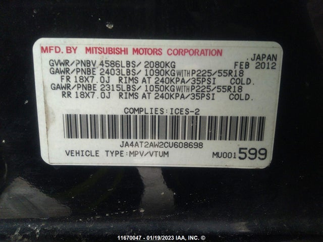 JA4AT2AW2CU608698 Mitsubishi Outlander Es