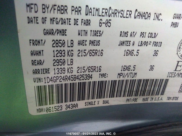 Dodge GRAND CARAVAN 2005 1D4GP24R45B425394 Image 10