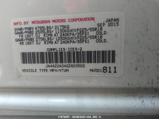 JA4AZ2A34GZ603502 Mitsubishi Outlander Es