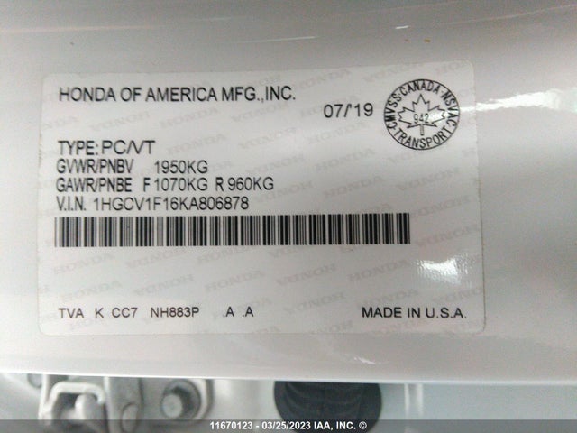 Honda ACCORD LX 2019 1HGCV1F16KA806878 Image 9