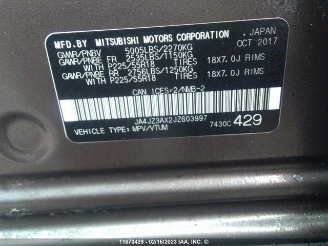 JA4JZ3AX2JZ603997 Mitsubishi Outlander Se/sel