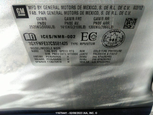 3GYFNFE37CS581425 Cadillac Srx Premium Collection