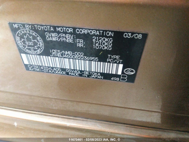 JTHBJ46G082236955 Lexus ES 350