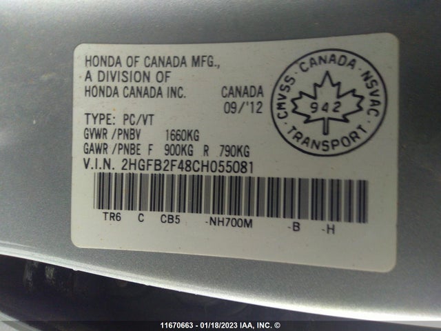 11670663 :رقم المزاد ، 2HGFB2F48CH055081 vin ، 2012 Honda Civic Lx مزاد بيع