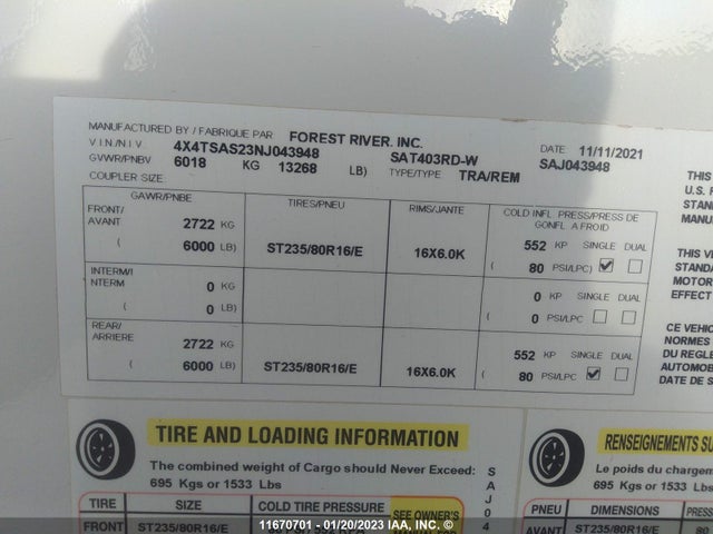 11670701 :رقم المزاد ، 4X4TSAS23NJ043948 vin ، 2022 Forest River 4276 مزاد بيع