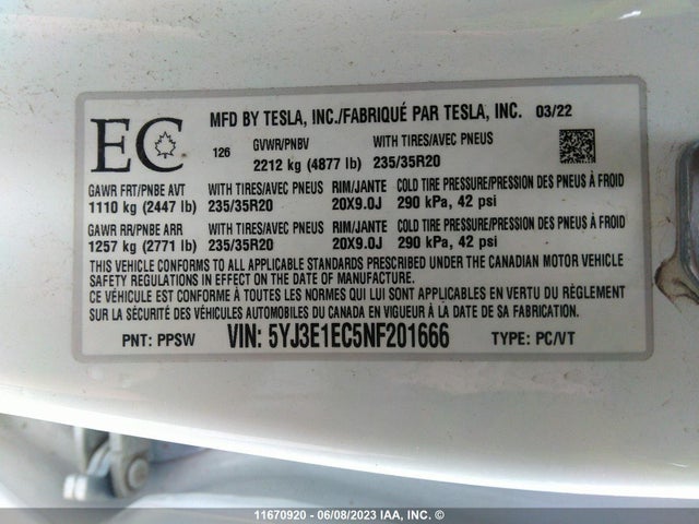 5YJ3E1EC5NF201666 Tesla MODEL 3