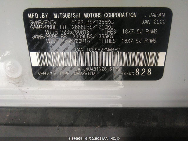JA4J4UA81NZ615173 Mitsubishi Outlander Se/black Edition