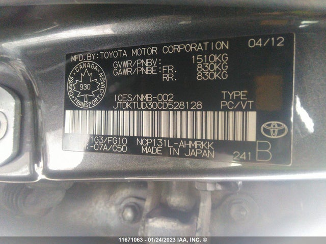 Toyota Yaris 2012 JTDKTUD30CD528128 Image 10