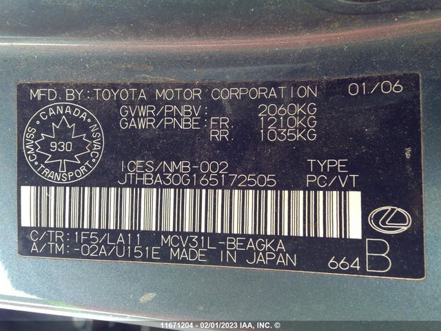 JTHBA30G165172505 Lexus ES 330