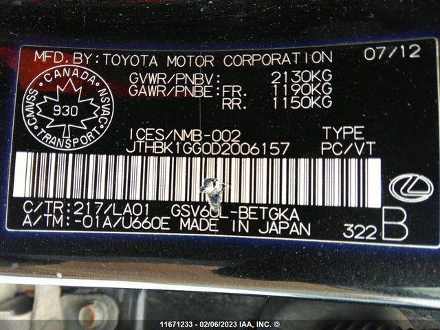 JTHBK1GG0D2006157 Lexus ES 350