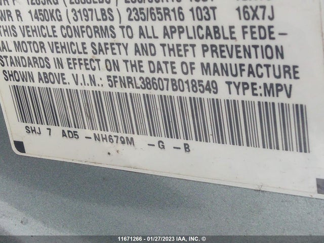 Продаж на аукціоні авто 2007 Honda Odyssey Exl, vin: 5FNRL38607B018549, номер лоту: 11671266