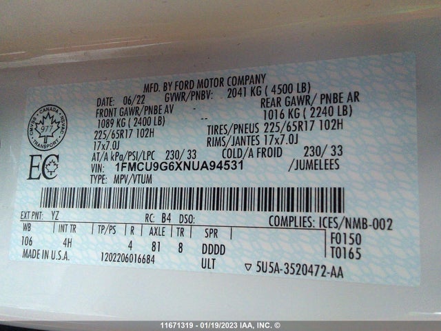 Ford ESCAPE SE 2022 1FMCU9G6XNUA94531 Image 11