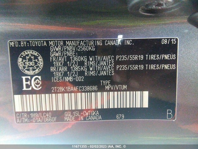 2T2BK1BA4FC338686 Lexus Rx 350/base/f Sport