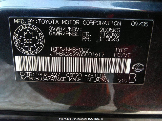 JTHBK262965001617 Lexus IS 250