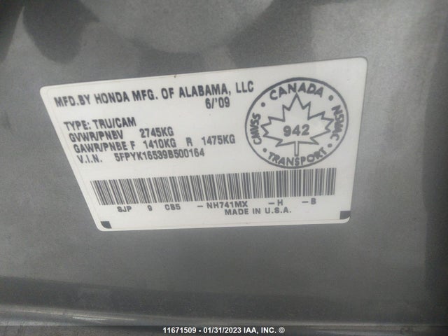 Honda Ridgeline Rtl 2009 5FPYK16539B500164 Image 10