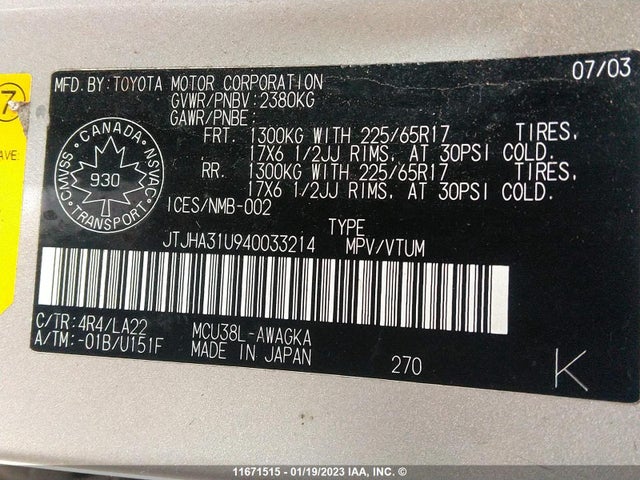 JTJHA31U940033214 Lexus RX 330