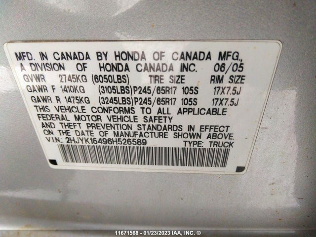 Honda Ridgeline Rts 2006 2HJYK16496H526589 Image 10