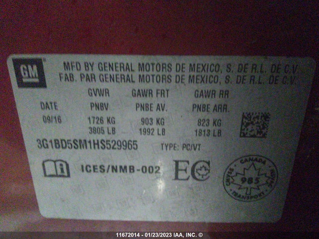 Chevrolet CRUZE LT 2017 3G1BD5SM1HS529965 Image 10