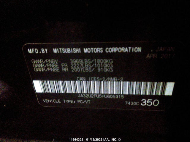 JA32U2FU5HU605315 Mitsubishi LANCER ES