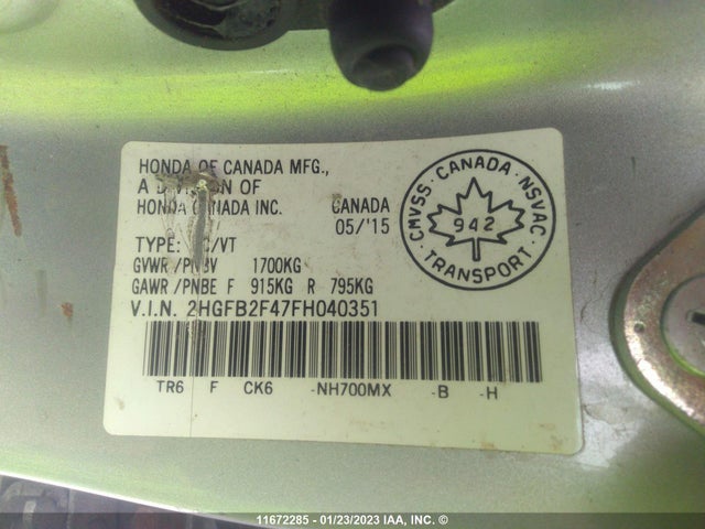 Honda Civic 2015 2HGFB2F47FH040351 Image 9