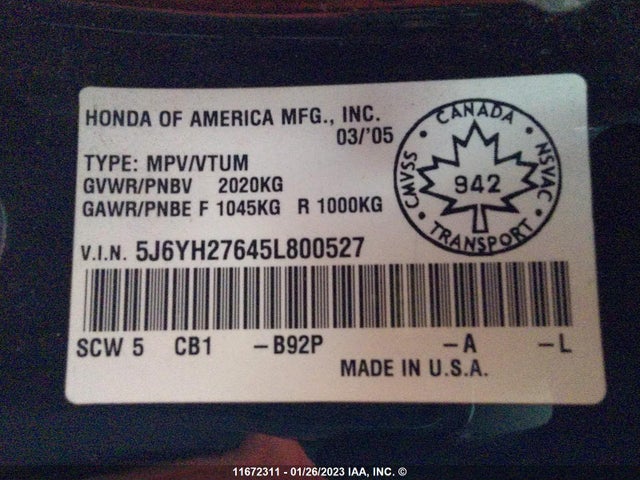 Honda ELEMENT EX 2005 5J6YH27645L800527 Image 11
