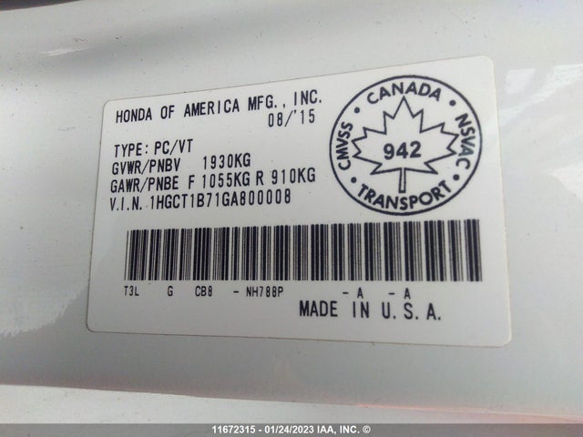 Honda ACCORD EX 2016 1HGCT1B71GA800008 Image 9