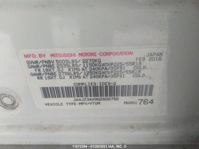 JA4JZ3AX9GZ606758 Mitsubishi Outlander Se/sel