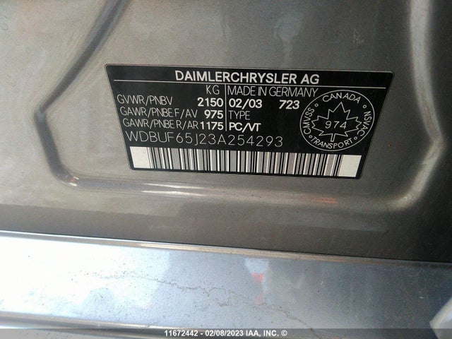 Aukcja sprzedaży 2003 Mercedes-benz E 320, vin: WDBUF65J23A254293, numer aukcji: 11672442