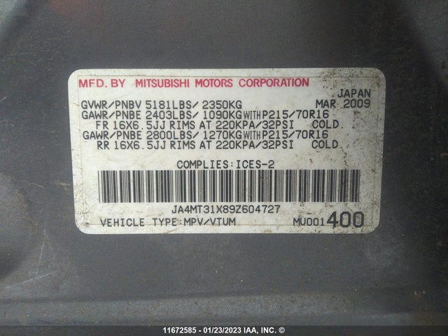 JA4MT31X89Z604727 Mitsubishi Outlander Se