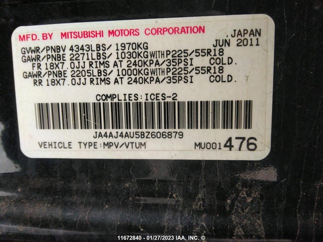 JA4AJ4AU5BZ606879 Mitsubishi Rvr Gt