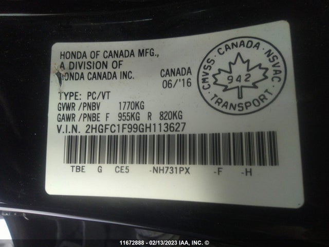 Honda Civic Touring 2016 2HGFC1F99GH113627 Image 9