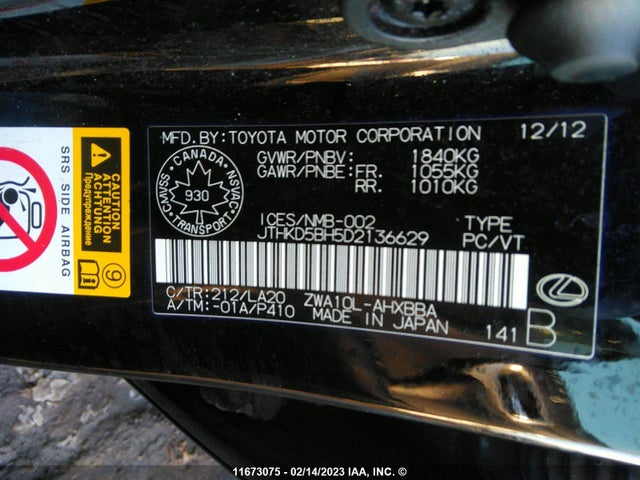 JTHKD5BH5D2136629 Lexus CT 200