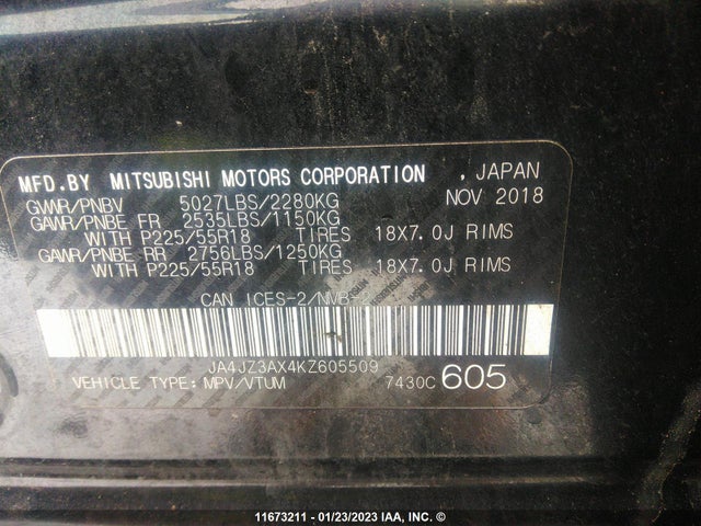 JA4JZ3AX4KZ605509 Mitsubishi Outlander Se/sel/le