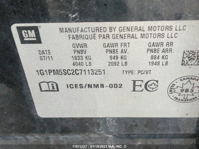Chevrolet CRUZE LT 2012 1G1PM5SC2C7113251 Image 9